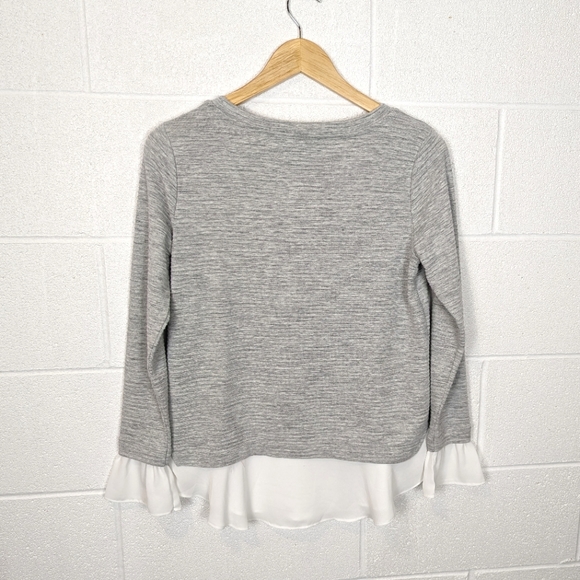 2/$20 LOFT Blouse XS-S Frilly Ribbed Long Sleeve Lightweight Grey Slim Fit Crew - Picture 6 of 8